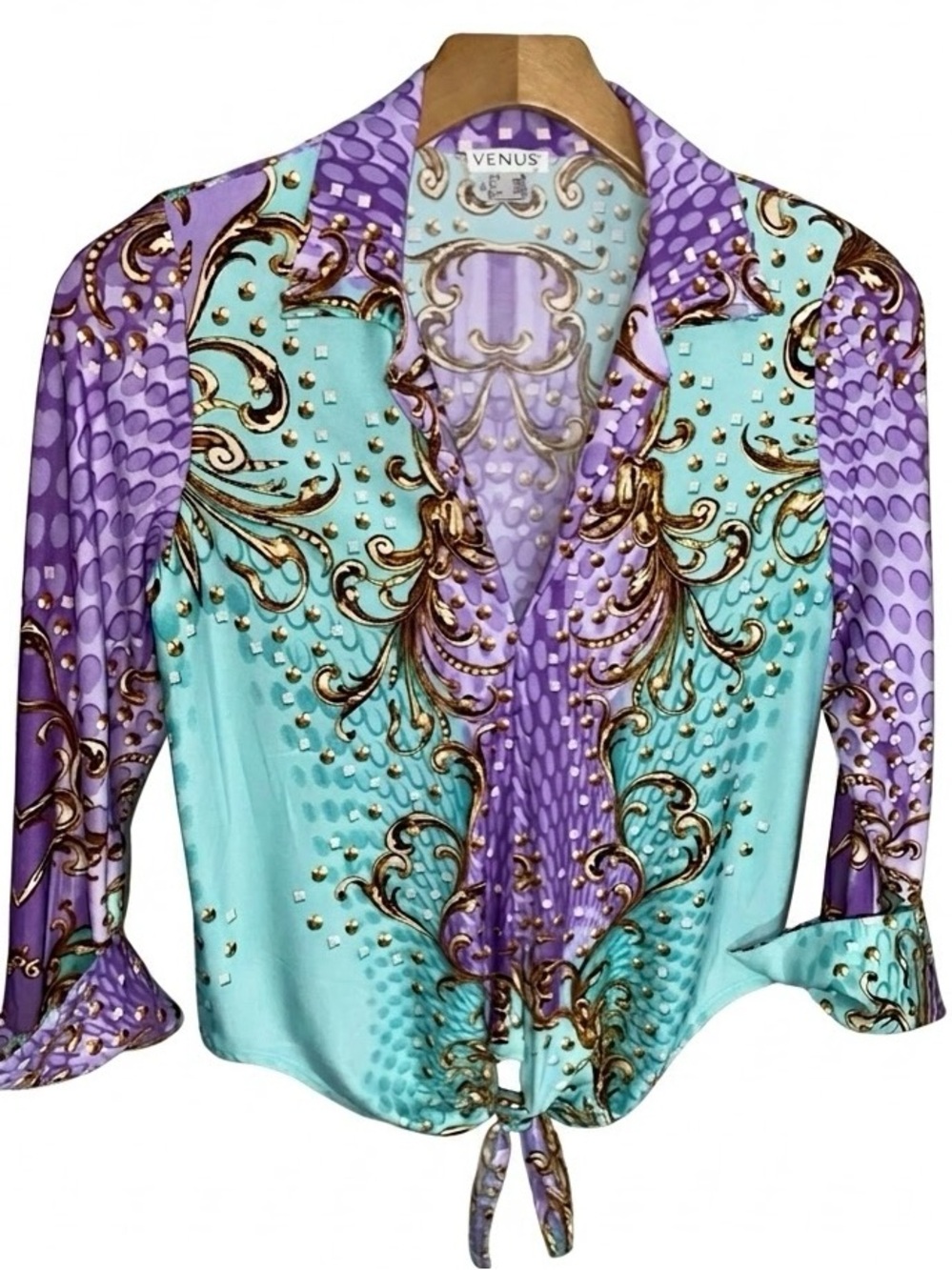 Bold vintage baroque inspired novelty print, Y2K, statement blouse